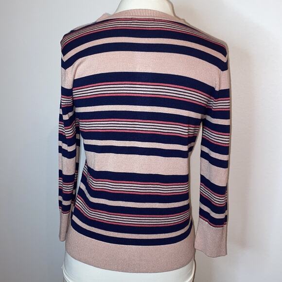 HALOGEN small Petite Pink Navy knit button cardigan Striped pattern 3/4 sleeves - Picture 6 of 7